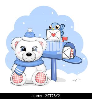 Accanto alla cassetta postale si trova un simpatico orso bianco con uccello blu e lettera d'amore. Illustrazione del vettore natalizio su sfondo blu con neve. Illustrazione Vettoriale