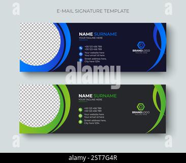 Design moderno, minimalista e professionale, con firma e-mail aziendale o modello di layout a piè di pagina e-mail. E-mail professionale dal design esclusivo blu e verde Illustrazione Vettoriale