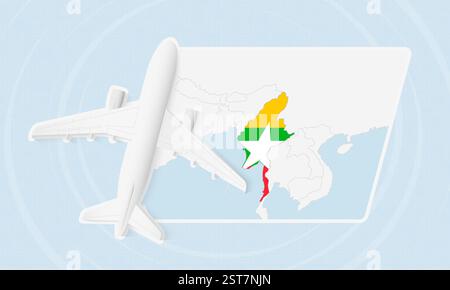 Myanmar Travel Illustration with Plane and National Flag. Ideale per agenzie di viaggio, materiali promozionali o contenuti geografici relativi al Myanmar. Illustrazione Vettoriale