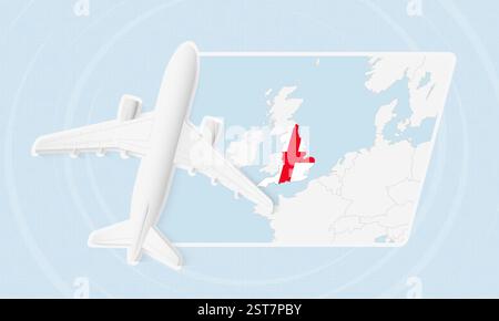 Illustrazione di viaggio in Inghilterra con aereo e bandiera nazionale. Ideale per agenzie di viaggio, materiali promozionali o contenuti geografici relativi all'Inghilterra. Illustrazione Vettoriale