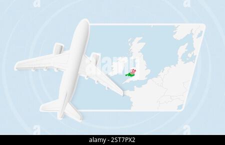 Illustrazione di viaggio del Galles con aereo e bandiera nazionale. Ideale per agenzie di viaggio, materiali promozionali o contenuti geografici relativi al Galles. Illustrazione Vettoriale