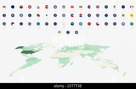 US State Flags Collection, icona a forma di spilla blu. Bandiere di stato minimalista degli Stati Uniti e rappresentazione della Mappa del mondo. Raccolta vettoriale. Illustrazione Vettoriale