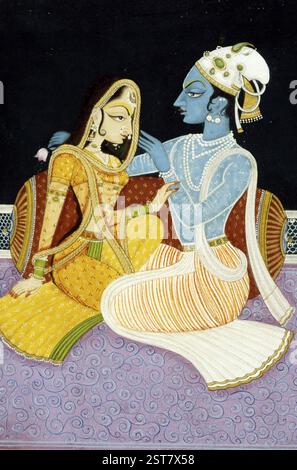 Pittura di dio krishna e del suo più grande devoto radha, india Foto Stock
