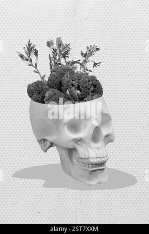 Collage foto Halloween fiore ciotola bouquet fresco fiore bouquet fiori naturali rosa morto testa umana cranio isolato su sfondo pittura Foto Stock