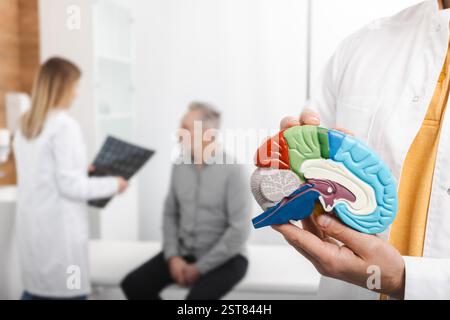 Neurologia, immagine concettuale. Modello anatomico del cervello umano con strutture in primo piano di consultazione neurologo con paziente anziano in ospedale Foto Stock
