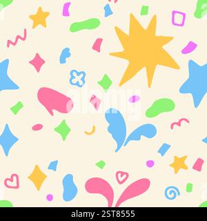 Colorato motivo astratto senza cuciture con varie forme e simboli giocosi Illustrazione Vettoriale