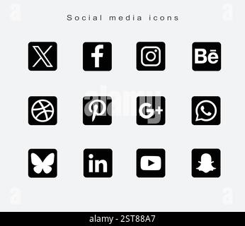 Set di icone dei social media: Twitter x,Facebook,Instagram, thread,Snapchat, WhatsApp,YouTube, Pinterest, Reddit. Contatto Illustrazione Vettoriale