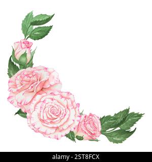 Illustrazione ad acquerello di una composizione floreale rosa a forma di mezzaluna con foglie verdi. Ideale per l'arredamento di matrimoni, eleganti motivi floreali Foto Stock