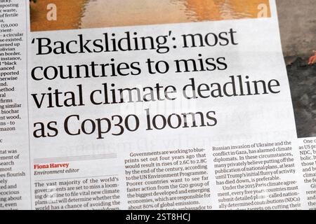 "Arretramento": La maggior parte dei paesi che non rispettano la scadenza per il clima vitale in quanto il quotidiano Cop30 si intitola crisi climatica articolo 8 febbraio 2025 Regno Unito Foto Stock