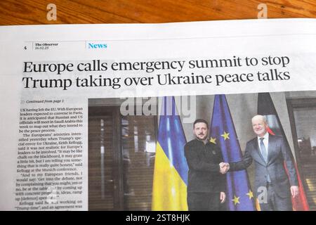 "L'Europa convoca un vertice di emergenza per impedire a Trump di prendere il controllo dei colloqui di pace in Ucraina" titolo del giornale Observer 16 febbraio 2025 Londra Regno Unito Foto Stock