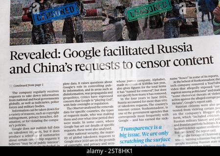 "Rivelato: Google ha facilitato le richieste della Russia e della Cina di censurare i contenuti" articolo del giornale Observer 16 febbraio 2025 Londra Regno Unito Foto Stock