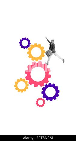 Uomo d'affari che si muove su marce colorate fluttuanti, che sale verso l'alto, simboleggia la progressione della carriera, l'ambizione e il movimento attraverso la struttura aziendale. Foto Stock