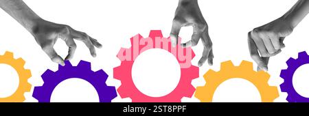 Più mani che regolano e posizionano ingranaggi colorati, simboleggiano precisione, ottimizzazione e sforzo sincronizzato nelle operazioni aziendali. Foto Stock