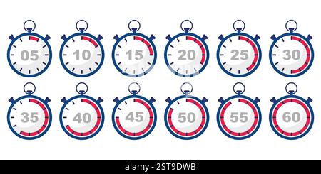 Set cronometro. Timer per conto alla rovescia. Misurazione del tempo. Raccolta vettoriale. Illustrazione Vettoriale