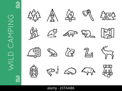Set di icone di campeggio selvaggio Illustrazione Vettoriale