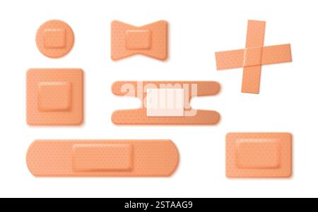 Bande mediche isolate su sfondo bianco. Illustrazione vettoriale realistica di cerotto di pronto soccorso, bende adesive, nastro adesivo per il trattamento delle ferite cutanee, cerotti di emergenza di forma diversa Illustrazione Vettoriale