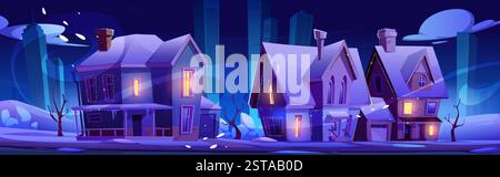 Strada di periferia innevata con case invernali decorate di notte. Edifici residenziali illuminati da finestre luminose e colorate ghirlande per le vacanze. Accogliente quartiere coperto di neve sullo sfondo della città. Illustrazione Vettoriale