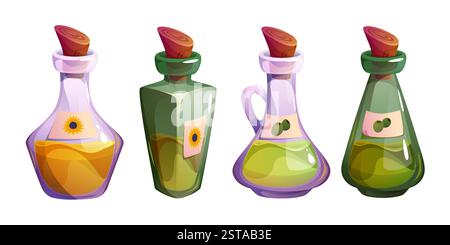 Bottiglie di olio isolate su sfondo bianco. Illustrazione vettoriale di vasi di vetro con girasole, estratto di oliva, prodotto vegetale biologico, condimento alimentare sano, cucina e ingredienti cosmetici Illustrazione Vettoriale