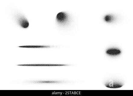 Set di effetti ombra astratti. Cerchi, ovali e linee con rumore di gradiente, texture granulose e design a rigidità, isolati su sfondo bianco Illustrazione Vettoriale