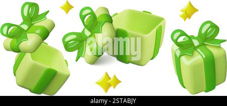 Le icone verdi delle confezioni regalo 3d con apertura e chiusura presentano illustrazioni vettoriali realistiche Illustrazione Vettoriale