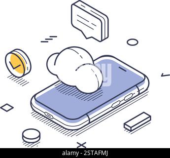 L'illustrazione isometrica della line art mostra un'icona relativa alla sicurezza Internet, con elementi come l'archiviazione cloud su un dispositivo mobile. Ill vettoriale Illustrazione Vettoriale