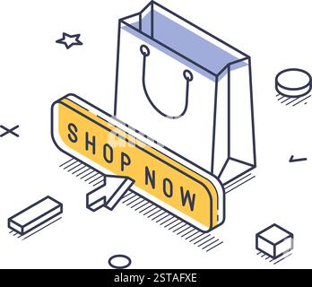 Shopping bag insieme a un importante pulsante di invito all'azione che sollecita i clienti a fare acquisti ora. Questa immagine mette in risalto le attività di shopping online. Illus vettoriale Illustrazione Vettoriale