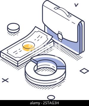 Design isometrico della line art che mostra gli elementi chiave degli investimenti aziendali. Denaro e investimento. Illustrazione vettoriale Illustrazione Vettoriale