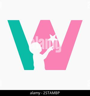 Lettera iniziale W Baby and Star Symbol per la progettazione del logo Types Illustrazione Vettoriale