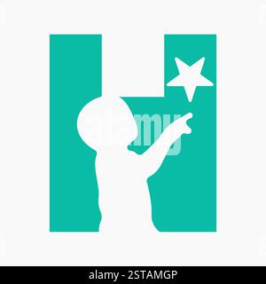 Lettera iniziale H Baby and Star Symbol per Types Logo Design Illustrazione Vettoriale