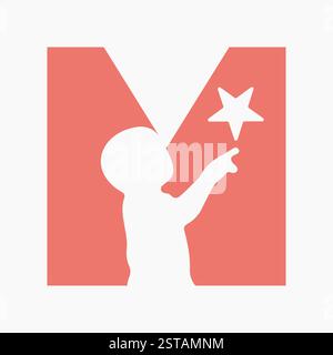 Lettera iniziale M simbolo bambino e stella per la progettazione del logo dei tipi Illustrazione Vettoriale