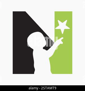 Lettera iniziale N simbolo bambino e stella per la progettazione del logo dei tipi Illustrazione Vettoriale