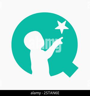 Lettera iniziale Q simbolo bambino e stella per la progettazione del logo dei tipi Illustrazione Vettoriale
