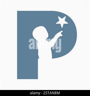 Lettera iniziale P Baby and Star Symbol per Types Logo Design Illustrazione Vettoriale