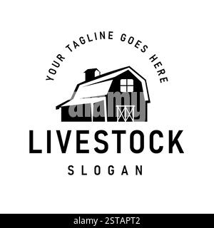 Design con logo Farm con elementi da fienile in stile vintage retrò, questo design è adatto per il branding di aziende agricole, agricole e di prodotti biologici Illustrazione Vettoriale