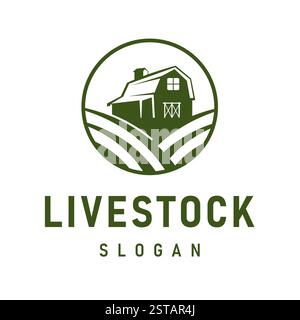 Design con logo Farm con elementi da fienile in stile vintage retrò, questo design è adatto per il branding di aziende agricole, agricole e di prodotti biologici Illustrazione Vettoriale