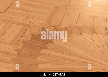 Foto ravvicinata con messa a fuoco selettiva di un intricato pavimento in legno che mostra motivi angolari unici e una finitura naturale Foto Stock