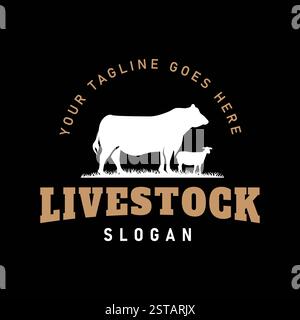 Illustrazione con logo in stile vintage con una silhouette di una mucca e una capra, adatta per il marchio di bestiame, carne e aziende lattiero-casearie Illustrazione Vettoriale