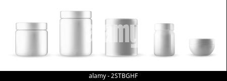 Set di cinque contenitori bianchi in plastica di varie forme e dimensioni per il confezionamento dei prodotti. Mockup realistico con vasetti e biberon adatti per Illustrazione Vettoriale