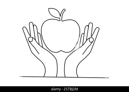 Disegno a una linea Apple con icona vettoriale minimalista con sfondo bianco e nero Illustrazione Vettoriale