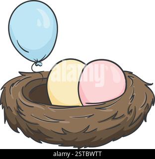 Nido con uova colorate e palloncini. Illustrazione vettoriale dei colori. Immagine modificabile per libro per bambini, adesivo, poster Illustrazione Vettoriale