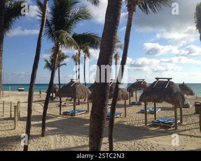 Spiaggia tropicale di Miami. Le palme oscillano dolcemente nella brezza, gli ombrelli costellano la costa. Una vacanza perfetta. Foto Stock