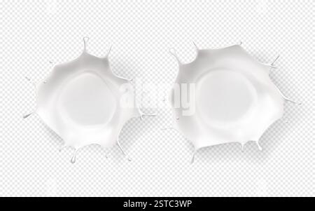 Set di latte spruzzato isolato. Yogurt o panna in corona spruzza con gocce volanti. Illustrazione Vettoriale