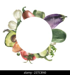Cornici di verdure fresche ad acquerello con illustrazioni di pomodori, cipolla, avocado, pepe e melanzane. Striscione di cibo vegano disegnato a mano con spazio per le copie per il caffè Foto Stock