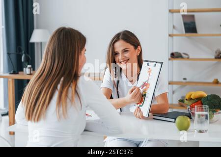 Donna che mostra un'illustrazione alla cliente donna. Operatore medico professionale in cappotto bianco è in ufficio. Foto Stock
