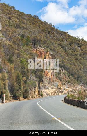 Rete metallica per la prevenzione delle cadute di roccia su due corsie della strada autostradale rurale Tasman sulla costa orientale della Tasmania Foto Stock