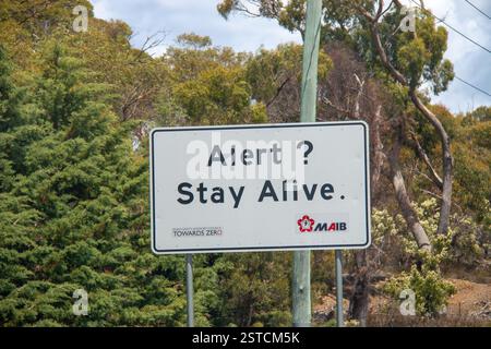 Tasman Highway, costa orientale della Tasmania, Australia - 23 dicembre 2024: Avviso avviso avviso avviso avviso avviso avviso avviso avviso di rimanere in vita segnale di sicurezza stradale per i conducenti di auto sulla Tasmanian Highway Foto Stock