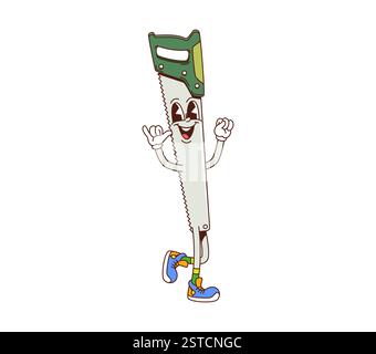 Sega a mano scanalata, utensile da lavoro o personaggio fai da te con faccia divertente, vettore di cartoni animati. Sega a mano eccentrica con sorriso felice e gesto cool per carpenteria e bui Illustrazione Vettoriale