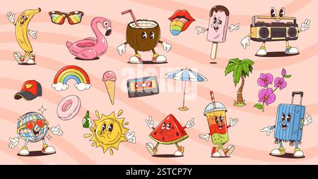 I cartoni animati viaggiano e i personaggi del tempo libero con simpatici volti hippie rétro sorridenti. Vacanze estive al mare sole, cocktail al cocco e gelati vettoriali Illustrazione Vettoriale