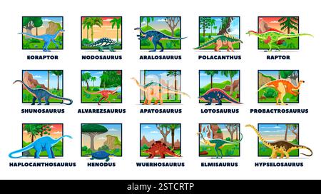 Dinosauri preistorici cartoni animati. Vivace serie vettoriale di antichi rettili dinosauri con i loro nomi, ognuno su uno sfondo naturale unico con Illustrazione Vettoriale