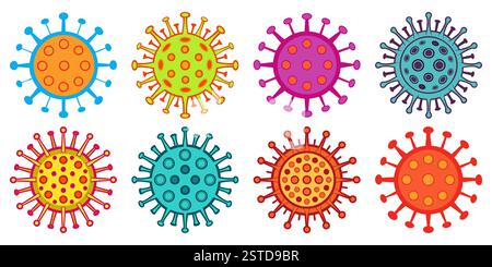 Set di icone virus. Icone di virus colorate isolate su sfondo bianco. Concetto di virus pandemico. Illustrazione Vettoriale